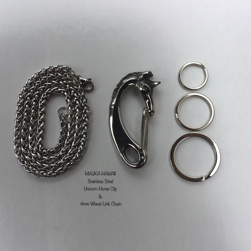 Horse Unicorn Clip Stainless Carabiner Hook Split Rings & 4mm Chain Utility Kit